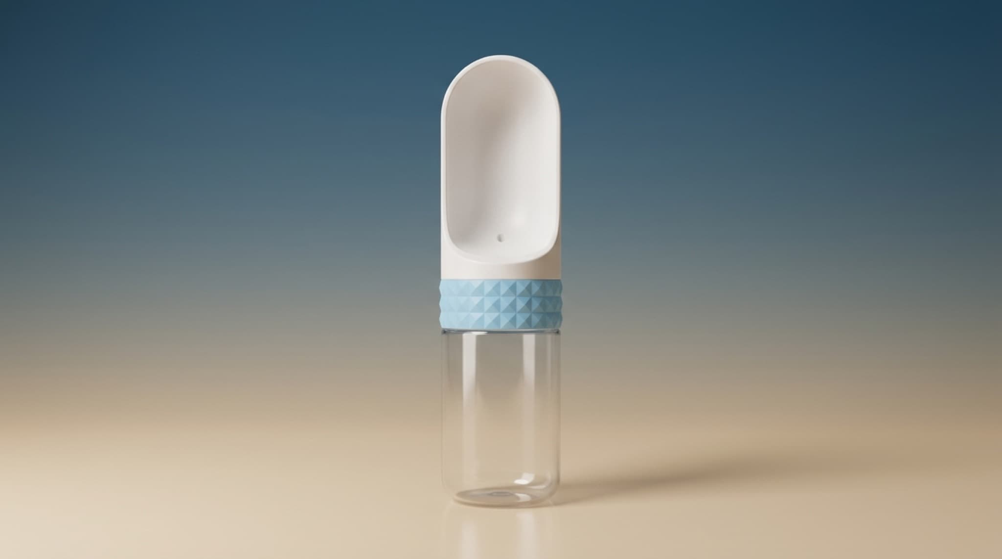 Portable pet water bottle with white drinking trough, blue silicone grip ring and clear reservoir, shown upright in studio lighting
